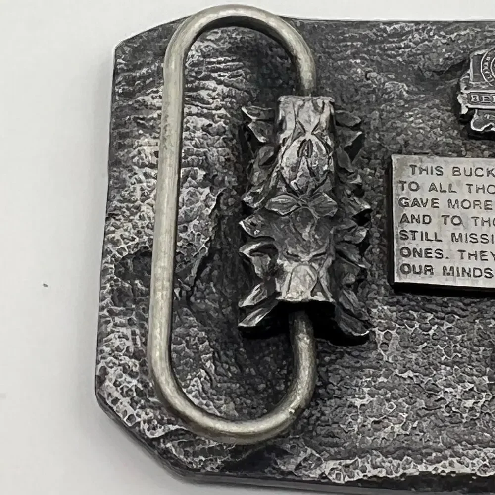 VTG POW MIA Belt Buckle You Are Not Forgotten Military Bergamot Pewter Enamel